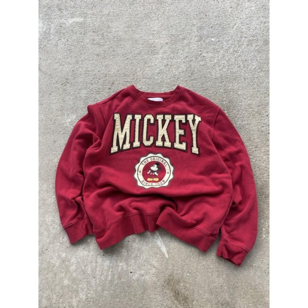 Disney Mickey Mouse Sweatshirt Mens Large Red Fleece Pullover‎ Crewneck Applique
